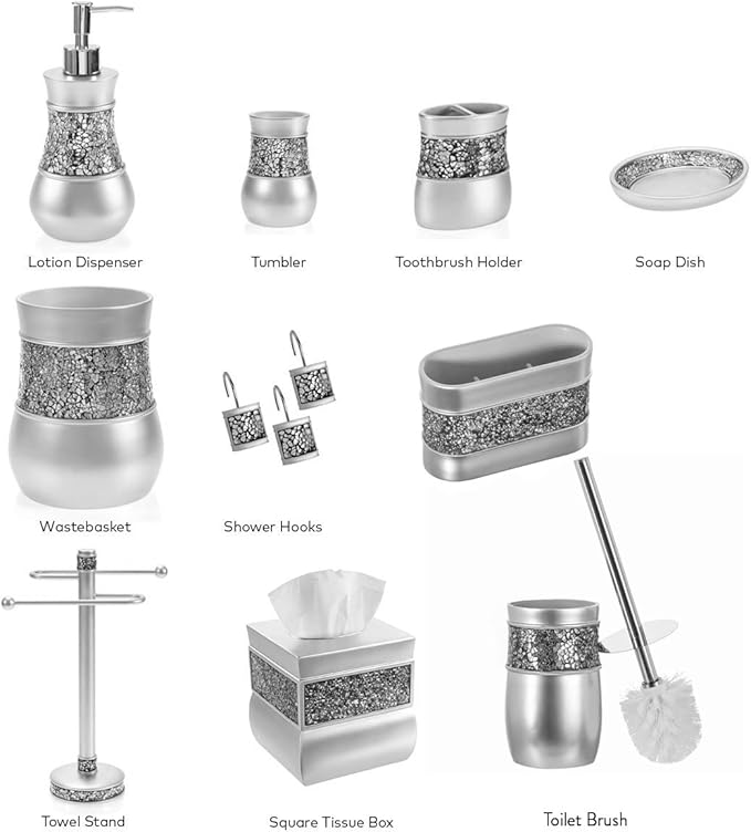 Crackled Glass Silver Toothbrush Holder And Toothpaste Holder For Bathroom - Elegant Crackled Glass Bathroom Toothbrush Organizer - Decorative 2 Slot Family Toothbrush Cup Holds Multiple Toothbrushes