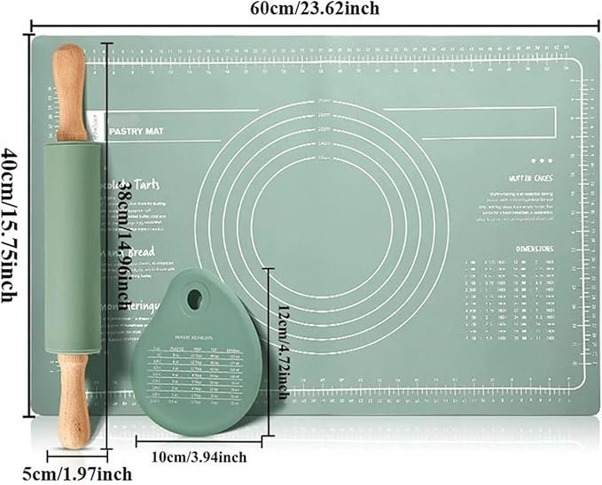 Silicone Measuring Kneading Pad Set Household Rolling Pin Dough Large Thick Non-slip Non-stick Bottom Baking Tool(Kneading pad blue)