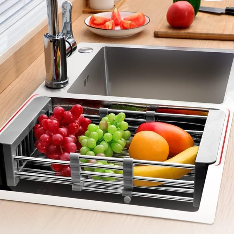 Cyrank Over The Sink Dish Drying Rack, Expandable Over Sink Grill Telescopic Drain Basket Kitchen Rack Drain Basket Sink Drying Rack(L#Black)