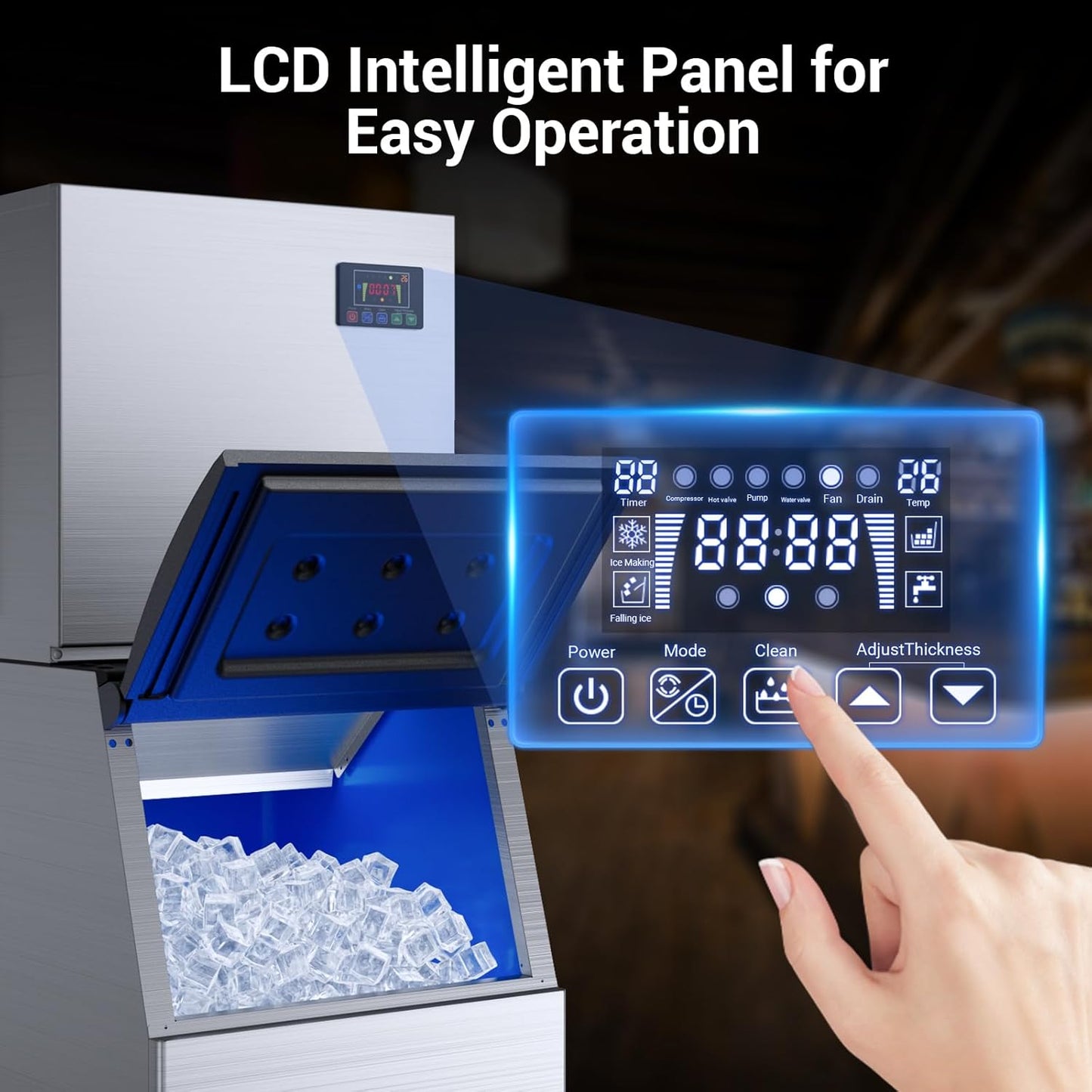 Commercial Ice Machine 500LBS/24H, 350LBS Storage, Ice Ready in 5-15min, Self-Cleaning Stainless Steel Industrial Ice Maker with Timer & Ice Thickness Control for bar Cafe Restaurant Business