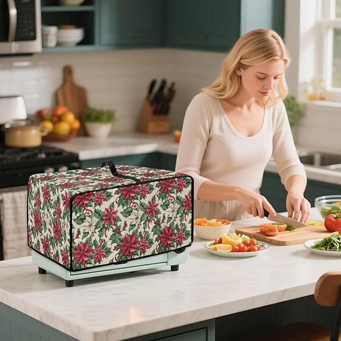 Air Fryer Toaster Oven Dust Cover Dustproof Convection Oven Cover with Side Pockets for Small Kitchen Appliances, S, 14.5 x 18.5 x 9 Inches, Poinsettia Flower Christmas Decor