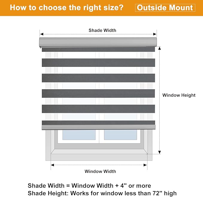 Persilux Cordless Zebra Blinds for Windows Free-Stop Roller Windows Shades (24" W X 72" H, Grey) Dual Layer Light Control for Day and Night, Light Filtering Sheer Shades for Home, Bedroom