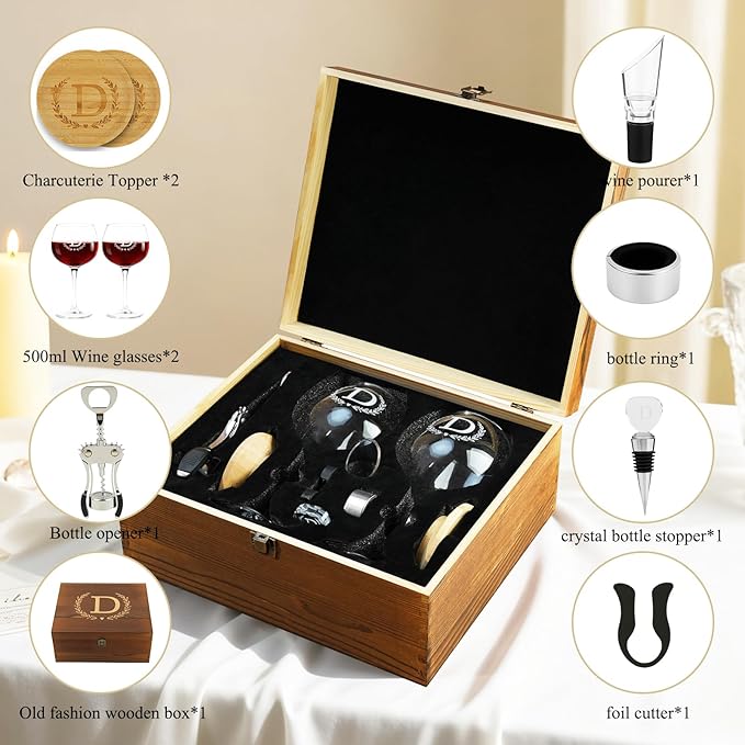 GZLDGIFTS Personalized Initial Wine Glasses Box Gift Set For Women Mom Engraved Birthday Monogrammed Wooden Christmas Gifts Wedding Anniversary Wine Couples Stopper Opener Initial Letterr (T Set)