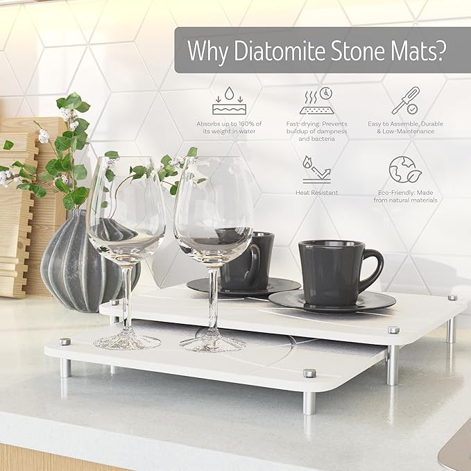 Large Stone Drying Mat for Kitchen Counter | 15.8ā x 11.8ā Dish Drying Mat Large | Diatomaceous Earth Collapsible Stone Dish Drying Mat | Collapsible Stone Mat for Kitchen Counter (White)