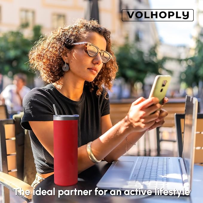 Volhoply 20 oz Skinny Tumbler with Lid and Straw, Stainless Steel Straight Tumblers Cup, Vacuum Insulated Coffee Mug for Home, Office, Travel, DIY (Red,1 Pack)