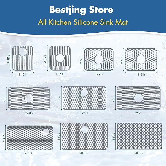 Bestjing Silicone Sink Protectors for Kitchen Sink - 12" x 11" Kitchen Grid Accessory, Non-Slip Heat-Resistant Mat for Bottom of Porcelain Stainless Steel, Dishwasher Safe (White)