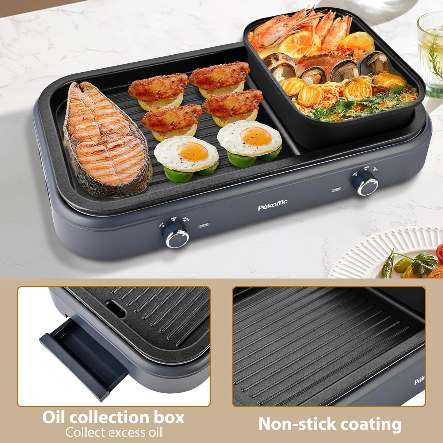 Pukomc Electric Hot Pot with Grill,2 in 1 Korean BBQ Grill Shabu Shabu Hot Po, 1500W / Temperature Control, Quick Heating Detachable Hot Pot and Baking Tray,gray