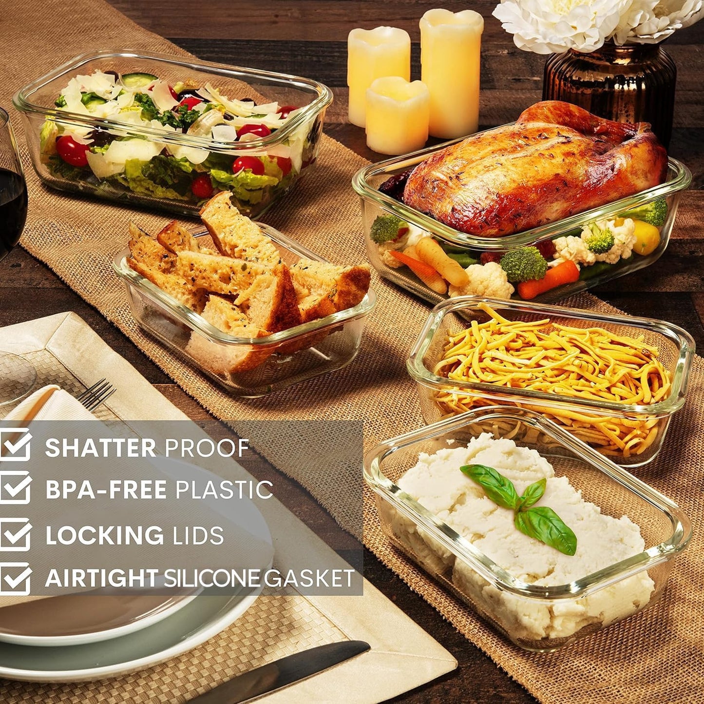 Razab 4 Pc (2700ML/ 91 Oz & 1520ML/ 51 Oz) Airtight Large Glass Food Storage Containers with Lids - BPA Free, Leak Proof Meal Prep Containers (2 Containers + 2 Lids) Microwave, Oven & Freezer Safe