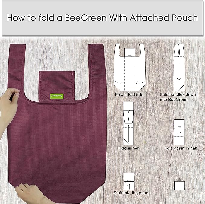 BeeGreen Grey Reusable Grocery Bags with Zipper Storage Pouch 10 Packs Gray Reusable Shopping Bags Bulk Foldable-Machine Washable