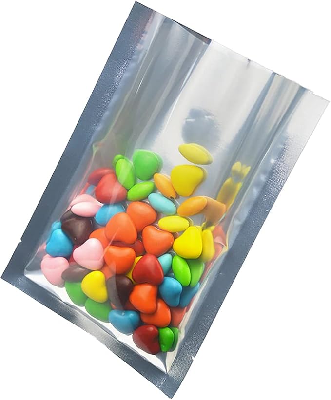 Silver Aluminum Foil Pouch Heat Seal Front Window Plastic Mini Open Top Flat Vacuum Packaging Mylar Bag Food Small Sample Mylar Storage with Tear Notch (200, 14x20cm(5.5x7.9 inch))