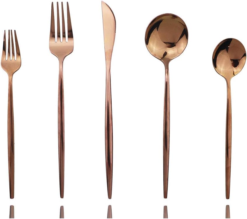 Rose Gold Silverware Set, JASHII 20-Piece Stainless Steel Flatware Cutlery Set for 4, Elegant Hourglass Polished Mirror Finish, Ideal for Home Hotel Wedding Festival Party, Dishwasher Safe