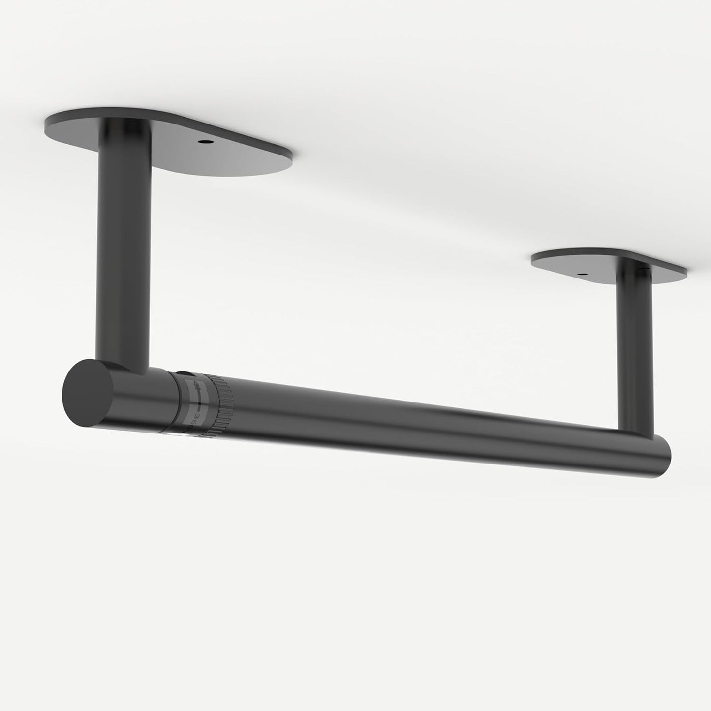 Ruacq Matte Black Paper Towel Holder Double Post Pivoting Round Base Under Cabinet Paper Towel Holder for Kitchen Self-Adhesive or Drill mounting