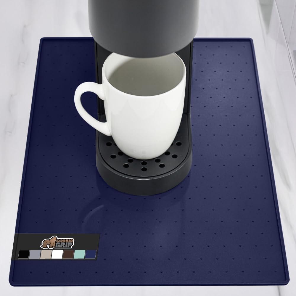 GORILLA GRIP Silicone Coffee Mat, Espresso Drink Bar Station Accessories, Waterproof Heat-Resistant Dish Drying Mats, Stay in Place on Kitchen Counter, Home Kitchen Decor Essentials, 10x14, Navy