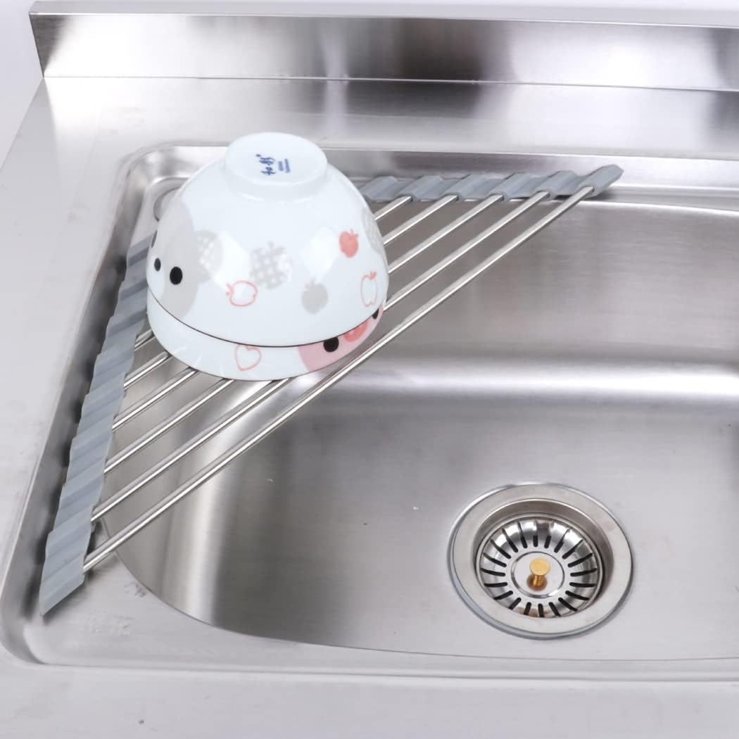 Ahyuan Roll up Dish Drying Rack Over The Sink Kitchen Roll up Sink Drying Rack Portable Dish Drainer Foldable Dish Drying Rack (Warm Gray, Triangle 16.3''X9.4'')