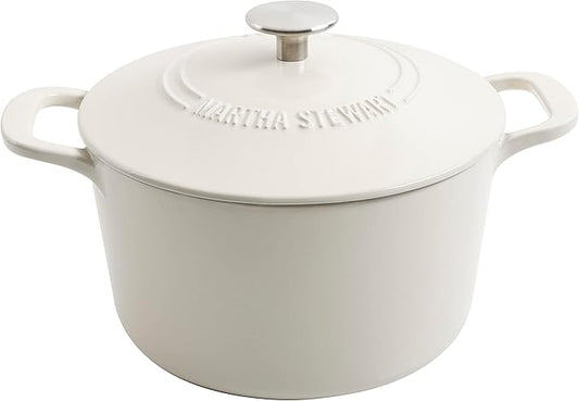MARTHA STEWART Gatwick 7-Quart Enamel Cast Iron Dutch Oven – Linen Color with Silver Knob – Durable Heavy-Duty Dutch Oven for Slow Cooking and Braising