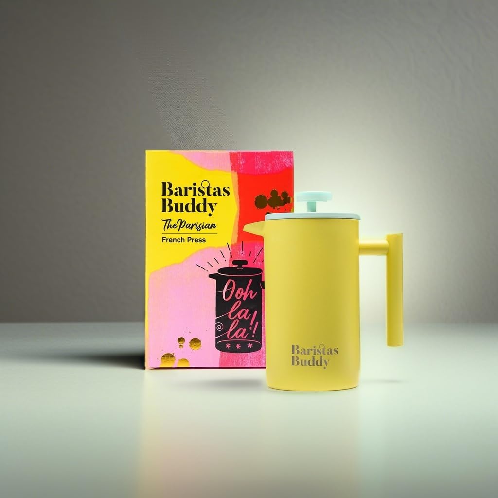 Yellow French Press Coffee Maker - Colorful, Retro And Stylish Insulated Coffee Brewer - Large Size Brews 4 Cups