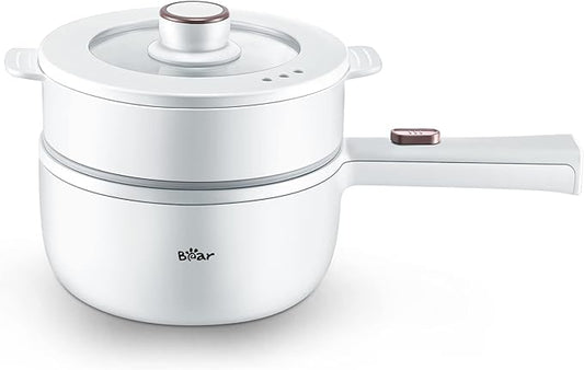 Bear Hot Pot Electric with Steamer, 1.6L Rapid Noodles Cooker, Mini Pot, Non-Stick Frying Pan for Steak, Ramen, Egg, Oatmeal, Soup with Power Adjustable