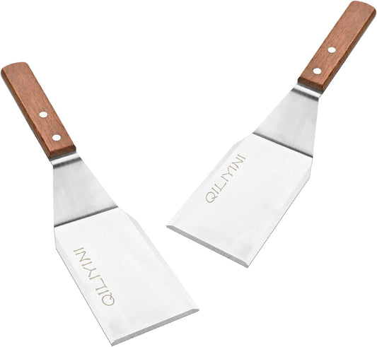 2 Pcs Stainless Steel Spatula Turner for Cast Iron Skillet, Grill Spatula with Wooden Handle, Heavy Duty Pancake Turner Metal