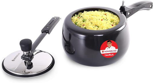 Wonderchef Taurus Hard Anodized Inner Lid Pressure cooker, 3 liter, Cool Touch Handles for Durability, Induction Friendly, 5 year warranty, ISI Certified3 LitresBlack