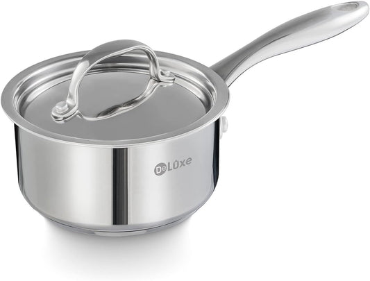 DELUXE Sauce Pan with Lid, 1 Quart Stainless Steel Saucepan with Stay-Cool Handle, Multipurpose Cooking Pot for Sauces Pasta, Suitable Induction/Electric Gas Cooktops, Dishwasher Oven Safe