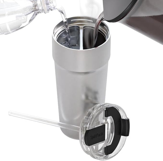 2-in-1 Hot & Cold Vacuum Insulated 30oz Tumblers, Stainless Steel Dual Chamber, Leak-Proof Lid, BPA-Free, Fits Cup Holder, Travel Coffee Mug, Split Cup, 2 Drink, 2 Sides, Coffee & Water (Silver)