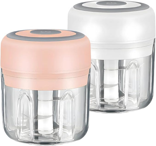 PINK & WHITE - Mini Electric Food Processor and Garlic Chopper - 250ML, USB Charging, 3 Blades - Perfect for Chopping Vegetable, Pepper, Onion, Garlic, Ginger, Spice, Meat, Baby Food, & More (Bundle)