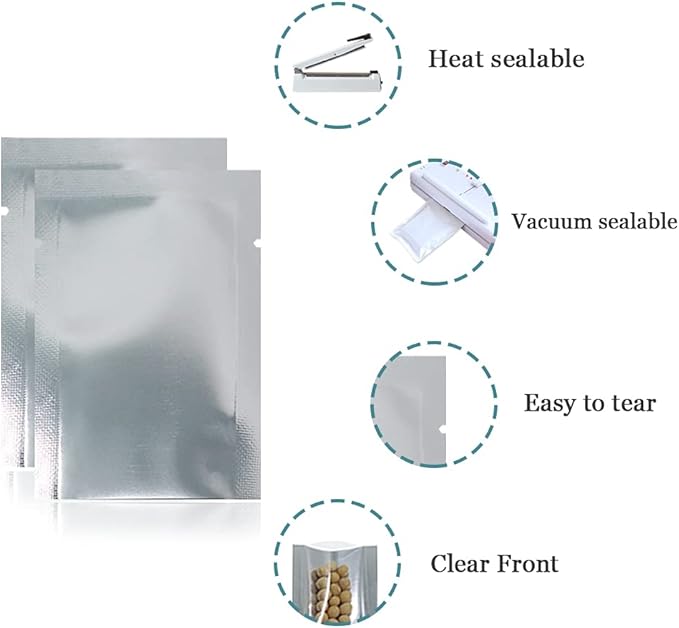 Silver Aluminum Foil Pouch Heat Seal Front Window Plastic Mini Open Top Flat Vacuum Packaging Mylar Bag Food Small Sample Mylar Storage with Tear Notch (500, 7x10cm(2.7x3.9 inch))
