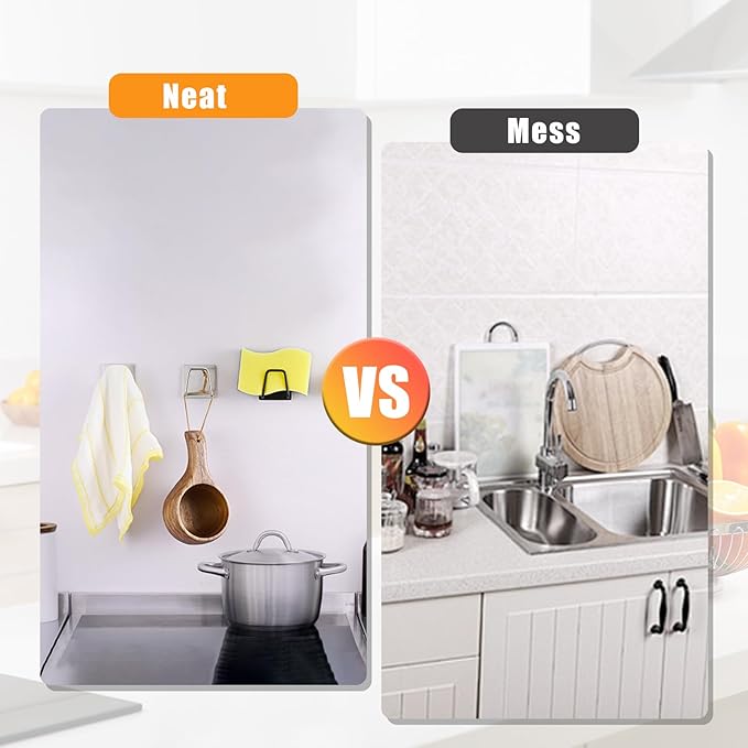 Adhesive Sponge Holder for Kitchen Sink, SUS304 Stainless Steel Scrubber Hanger Caddy Accessories Storage Rack Stand for Scratch Scrub Dishcloth Dishrag Exfoliator Strainer Stopper