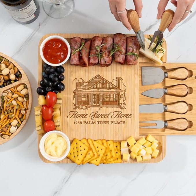 Personalized New Home Charcuterie Board, House Warming Cheese Board Gift Set - First Home Gifts, House Warming Gifts for Couple