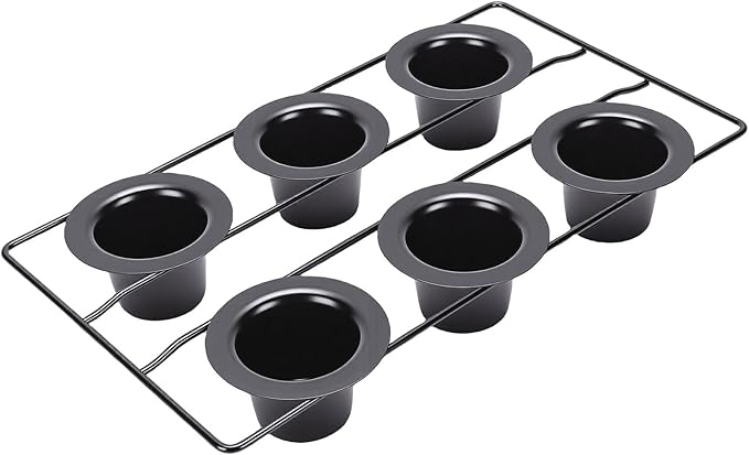 Focket Popover Pans, Non Stick Carbon Steel Pudding Pans, 6 Cup Popover Pan with Deep Tapered Cups and Wire Rack for Popovers Muffins Pudding