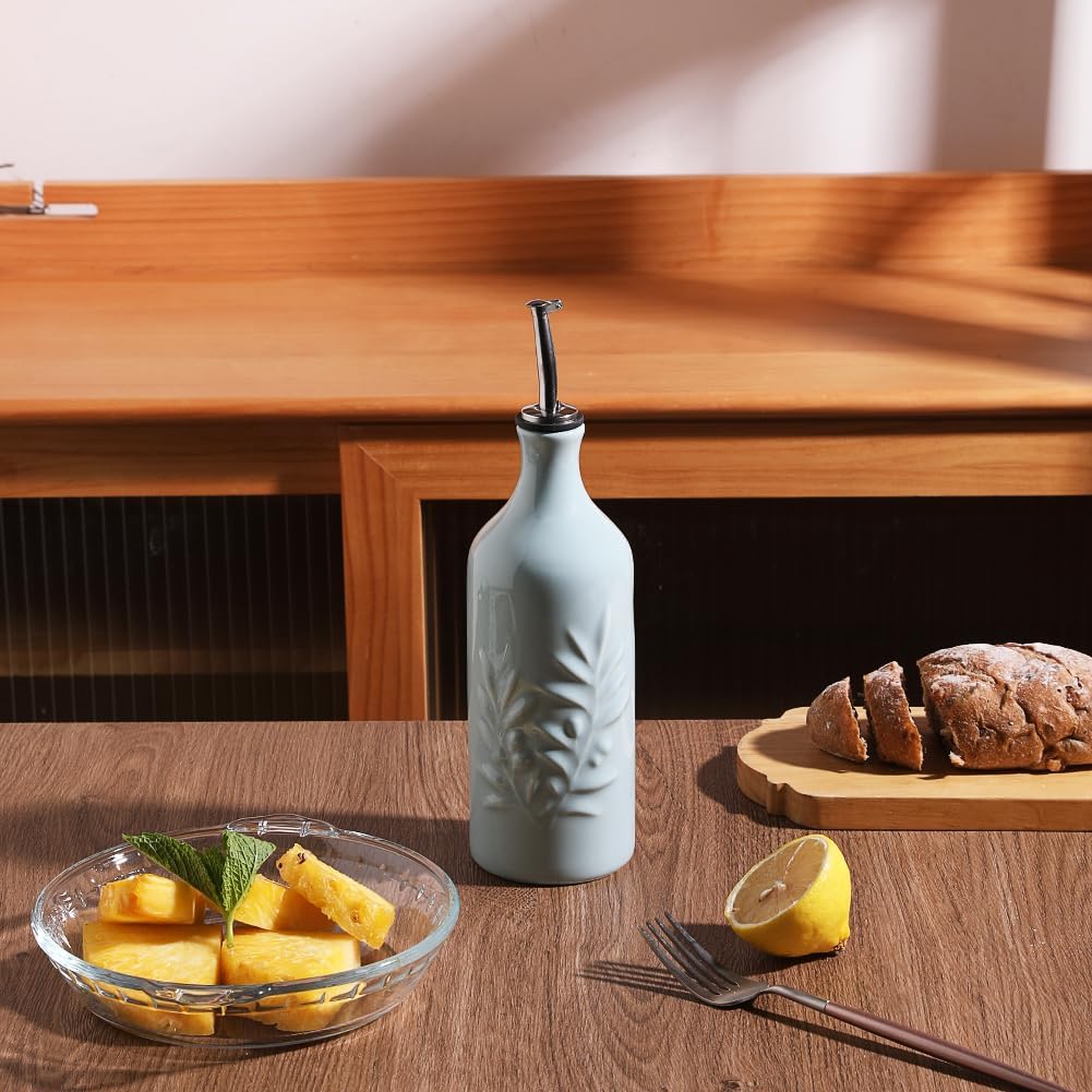Sweejar Ceramic Olive Oil Dispenser Bottle, 20 Oz Relief Opaque Oil Cruet Protects Oil To Reduce Oxidation, Suitable for Storage Oil, Vinegar, Soy Sauce, Coffee Syrup, Liquids, Set of 1 (Light Blue)