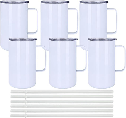 6 Pack 20 oz Sublimation Tumblers with Handle Coffee Blanks, with Lid and Straw, Straight Skinny Insulated Cup Stainless Steel Water Bottle for Craft DIY