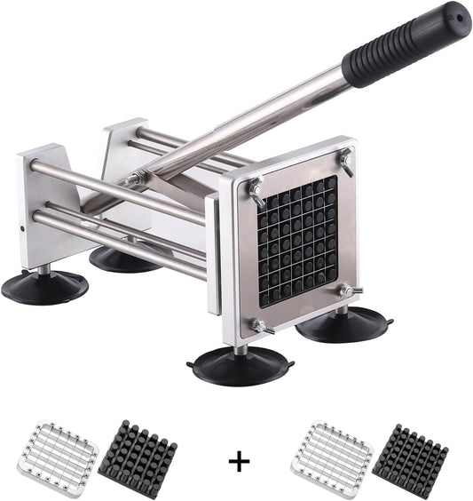 French Fry Cutter, Potato Slicer Fry Cutter with Detachable Handle， Stainless Steel Potato Cutter Includes 3/8",1/2" Blades with 4 Suction Feet for Potato, Carrot, Cucumbers