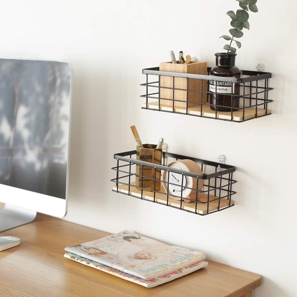 TIEYIPIN Small Metal Wire Storage Basket, Detachable Wood Base Storage Organizer Bin Basket for Kitchen Cabinets, Bathroom, Pantry, Garage, Laundry Room - Brown (2 Pack)