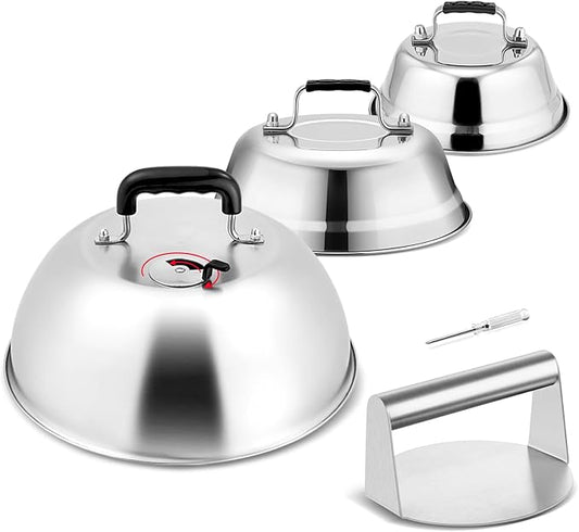 3Pcs Basting Cover & Smash Burger Press, Leonyo 12"- 9"- 6.5" Cheese Melting Dome, Stainless Steel Bacon Press Griddle Dome Steam Lids Smash Burger Kit for Kitchen, BBQ Flat Top Grill, Teppanyaki