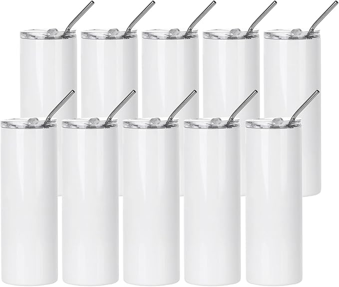 PYD Life 10 Pack Sublimation Tumblers Bulk Blank 20 OZ Skinny White Stainless Steel Tumbler Cups with Straw and Lid for Mug Tumbler Heat Press Sublimation Oven Printing