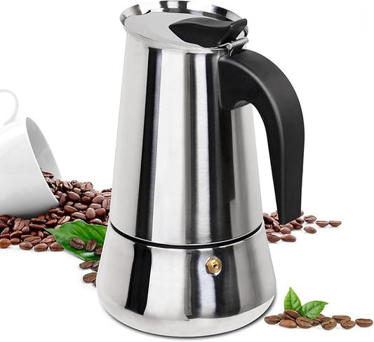 2 Cup Moka Pot Stainless Steel 100ml Italian Espresso Coffee Maker Stovetop CoffeeMakers Mocha Pot Percolator for Induction Stove Classic Cafe Makers Portable for Easy Brewing Tummy