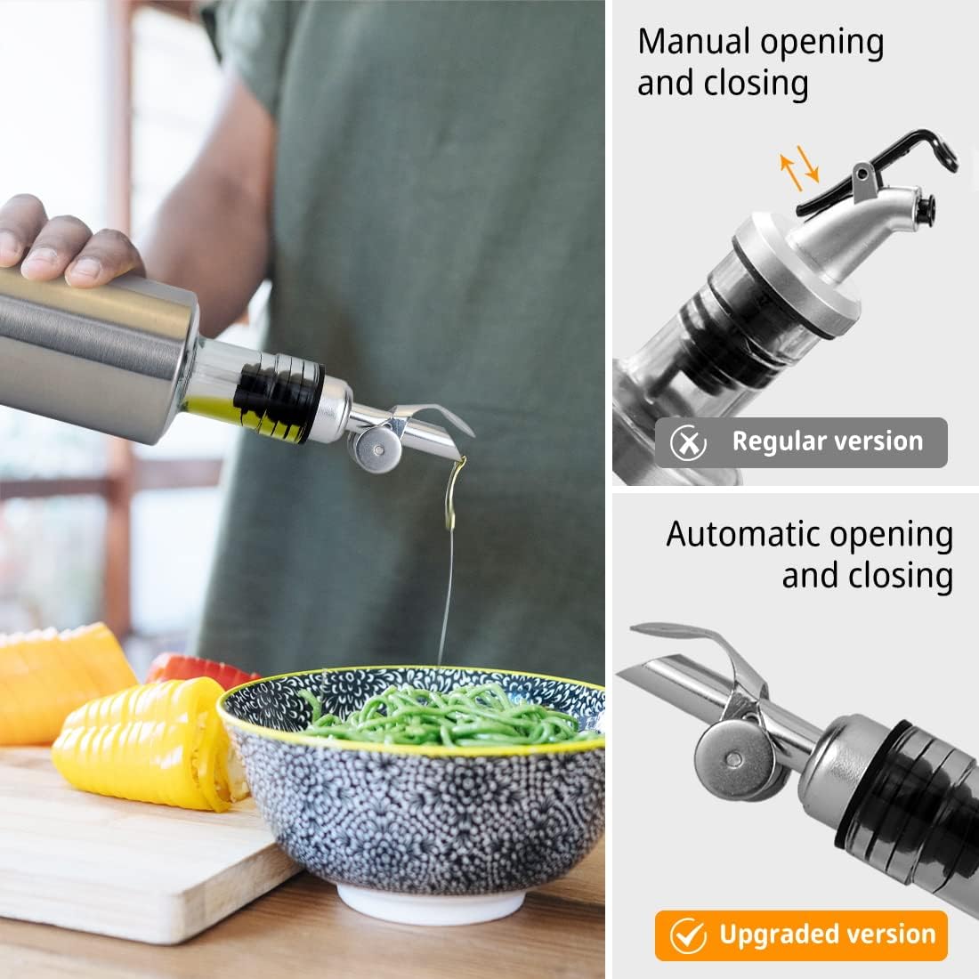 MEETSWEET Olive Oil Dispenser, Stainless Steel Automatic Opening/Closing Spout, Leak-Proof for Oil, Vinegar, Wine & More, Multicolor