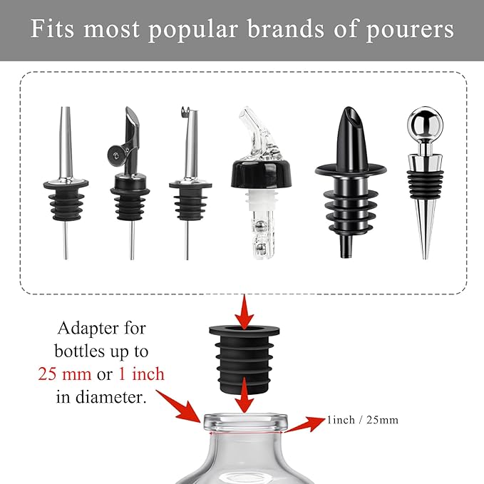 24-Pack Liquor Bottle Pourers with Adapters, Liquor Pour Spout Adapters set for for Large Olive Oil Bottles and Liquor Bottles - Up to 1 Inch/25mm Neck Converts Any Spout into a Large Pour Spout,Gold
