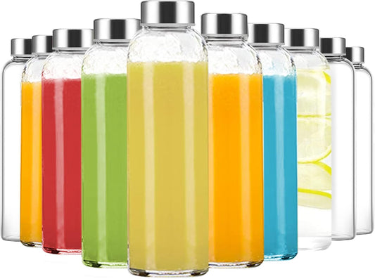 24 oz Clear Glass Juice Bottles with Lids, Reusable Refillable Water Bottles for Juicing,Refrigerator,100% Leak Proof, BPA Free, Juice Water Bottle Set of 10