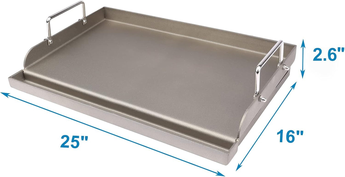 Utheer Cast Iron Griddle for Gas Grill, 25" x16" Flat Top for Outdoor Grill Rectangular Plate with Removable Handles for Charcoal Camping, Tailgating, and Parties