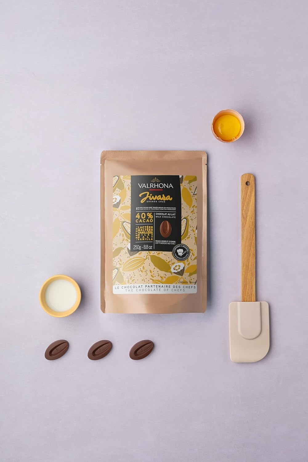 Valrhona Premium Baking Chocolate Discs (Feves), Creamy JIVARA 40% w/Hints of Vanilla and Malt, and Milk Chocolate IVOIRE 35% w/Hints of Vanilla & Warm Milk, For Cookies, Cakes, and more