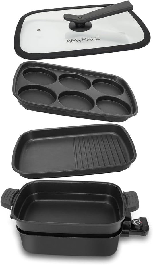AEWHALE 3-in-1 Multifunctional Electric Grill,Electric Skillet Nonstick with Lids 1400W Party Griddle for Cooking Meats &Pancake