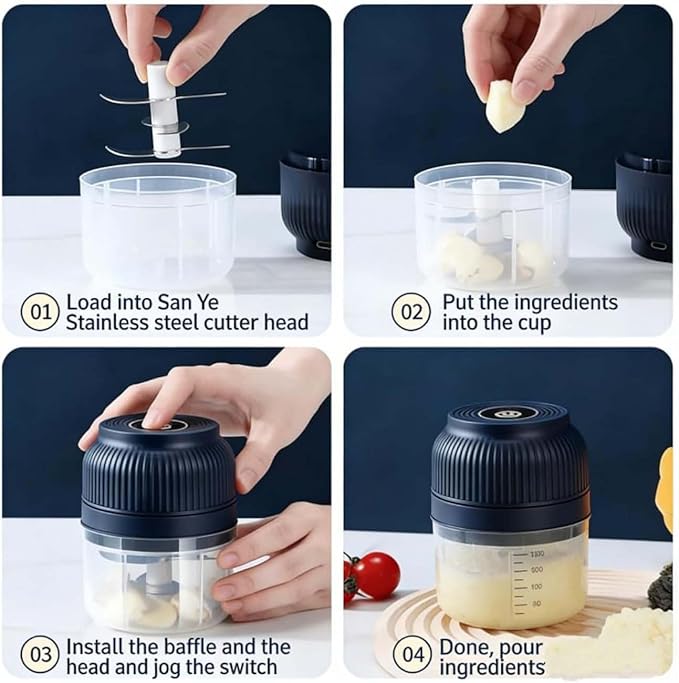 Household Electric Garlic Crusher, Electric Garlic Chopper, Mini Portable Veggie Chopper with 4/6 Stainless Steel Blades, Wireless Rechargeable Food Cutter for Garlic, Onion, Chili (2PCS-A,320ML)
