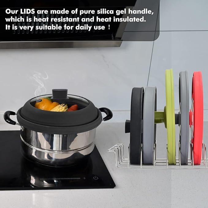 Tall Microwave Splatter Cover Glass Cover Guard Lid 5.8 inch Height with Collapsible Silicone for Food Pot Plate 8.5 inch Black