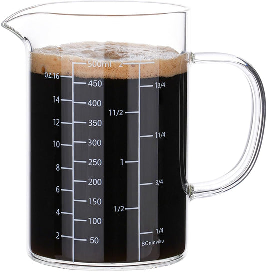 BCnmviku 500ML 2 CUP Glass Measuring Cup With Handle, High Borosilicate Glass Three Scales (OZ, Cup, ML/CC for Kitchen or Restaurant Easy To Read