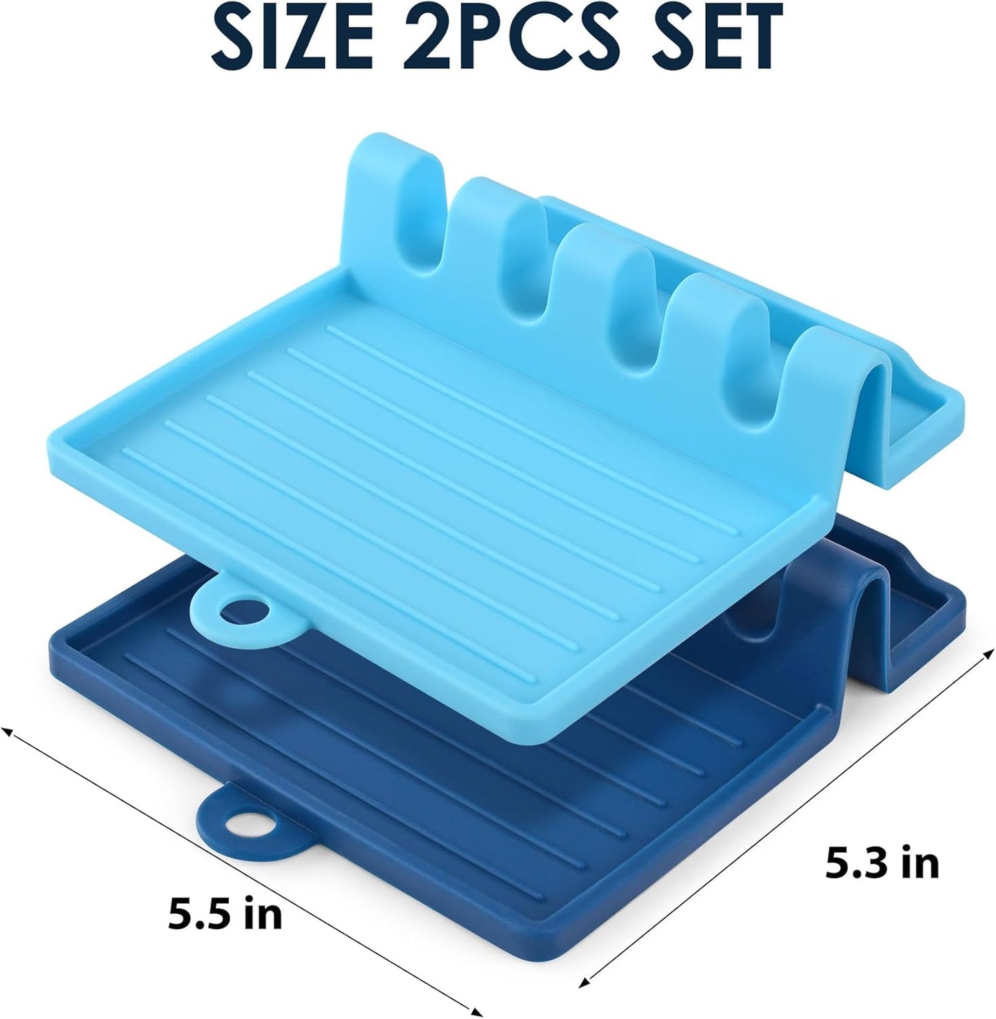 2-PACK 600°F Heat Resistant Silicone Spoon Rest, Multiple Utensil Rest, BPA Free Easy to Clean Dishwasher Safe, Blue (Deep+Light)