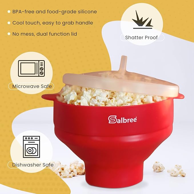 The Original Salbree Collapsible Silicone Microwave Popcorn Popper Maker Machine, Microwavable Bowl Holds 16 Cups, Uses Hot Air and Oil Always Optional - The Most Colors Available (Pink)