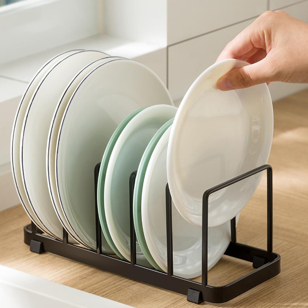 2 Pack Plate Home Accented Storage Rack, Plate Holders Organizer, Metal Dish Storage Dying Display Rack for Cabinet, Counter and Cupboard, Black
