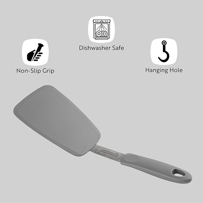 Restaurantware Comfy Grip 12 x 3 Inch Silicone Turner 1 Durable Cooking Turner - Stainless Steel Body Rubber Handle With Hole Black Silicone Flipper Spatula Tolerates Up To 446F Dishwashable